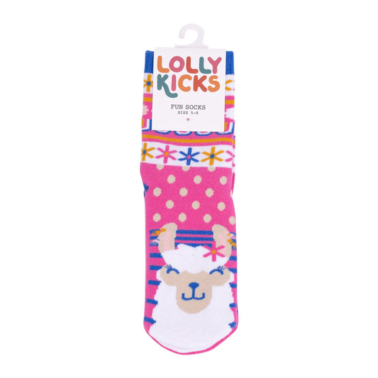 Colorful sock with llama design on a white background, featuring 'Lolly Kicks' branding.