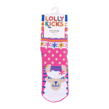 Load image into Gallery viewer, Colorful sock with llama design on a white background, featuring &#39;Lolly Kicks&#39; branding.
