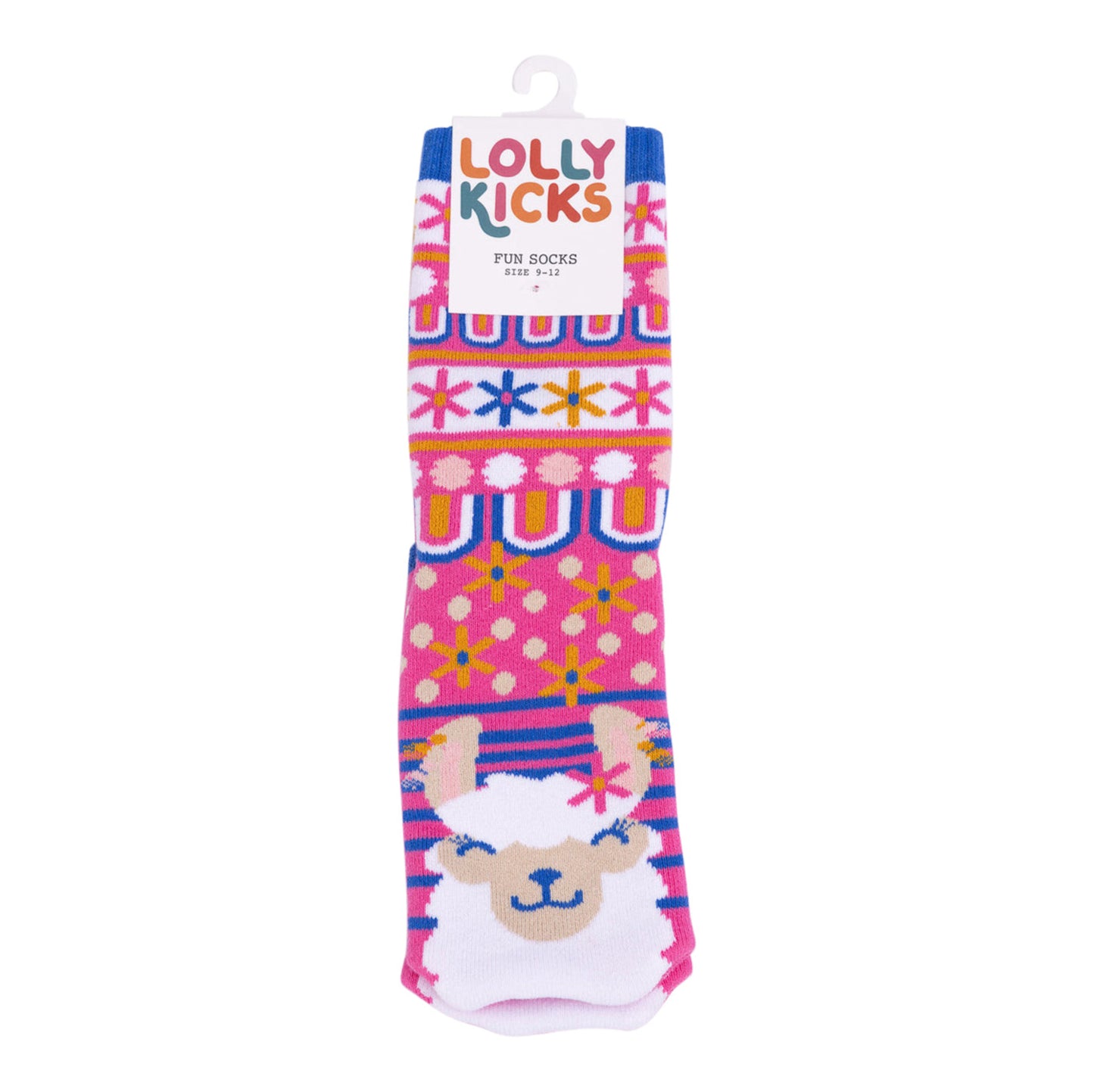 Colorful children's socks with a llama design on a white background