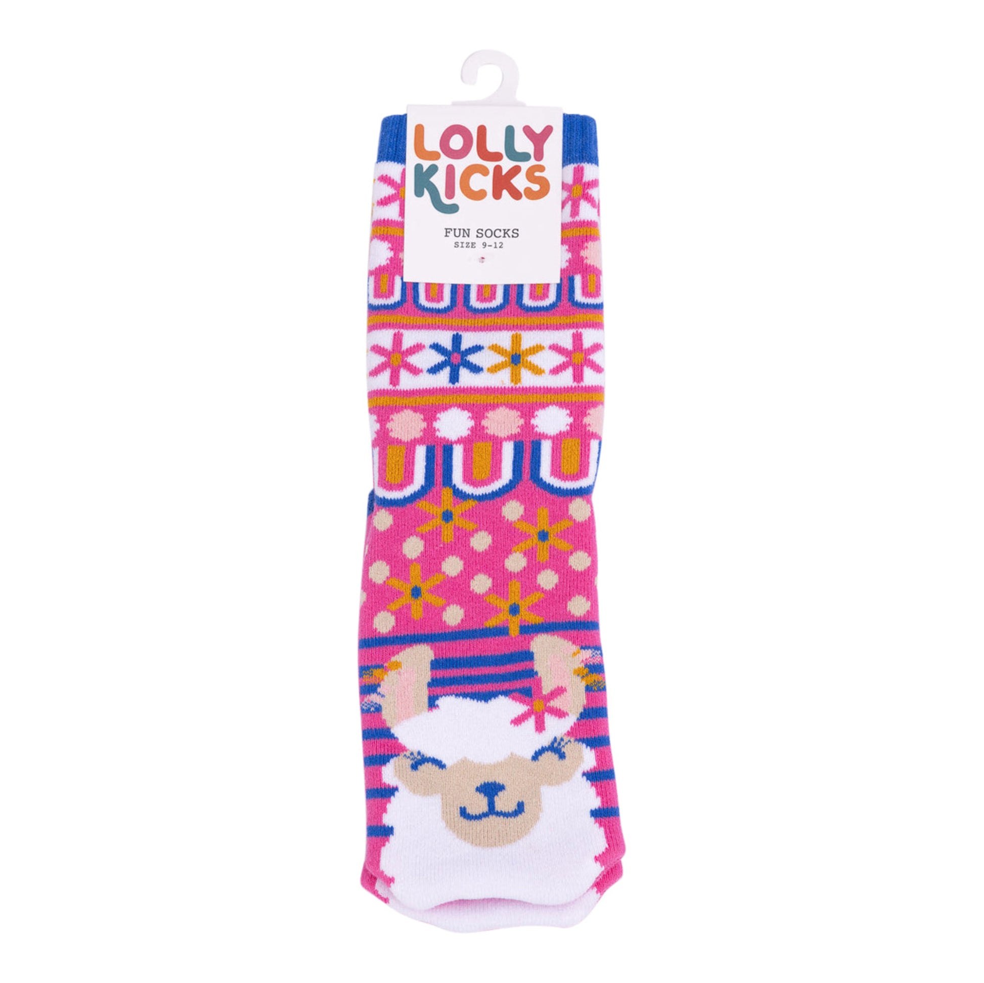 Colorful children's socks with a llama design on a white background