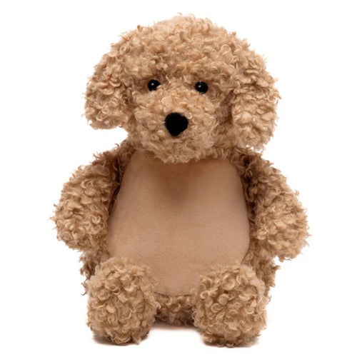 Stuffed teddy bear with curly fur on a white background