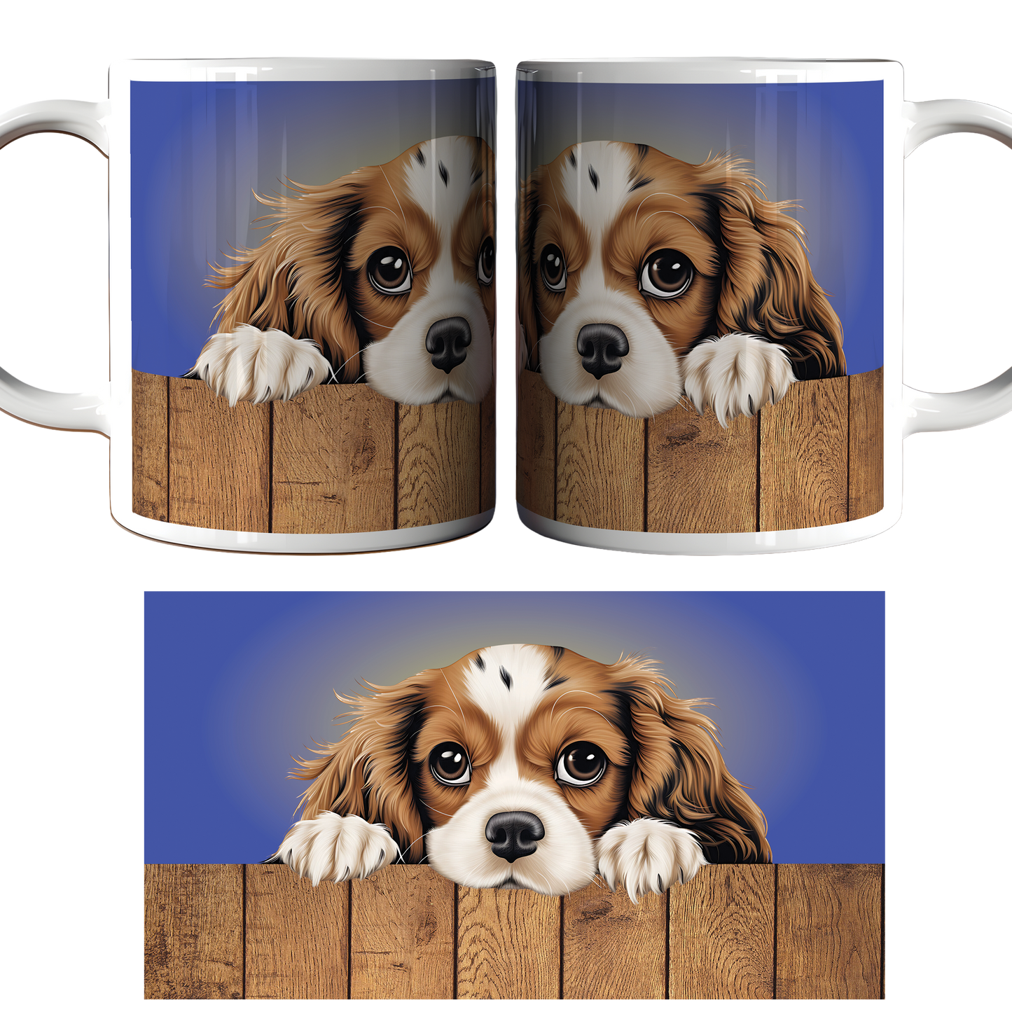 Two mugs with a dog peeking over a wooden fence design on a blue background.