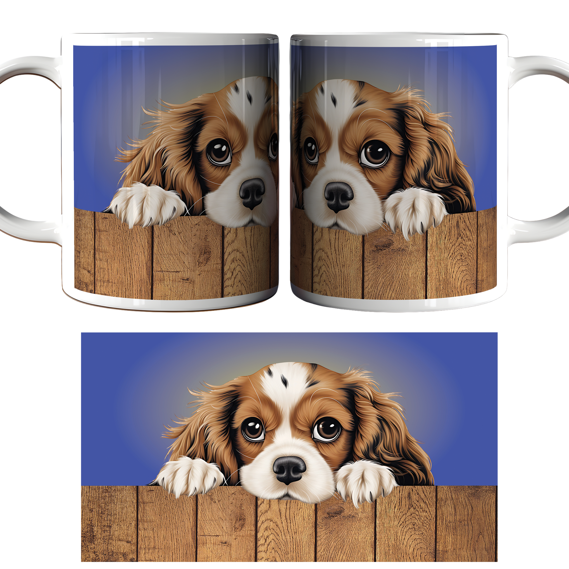 Two mugs with a dog peeking over a wooden fence design on a blue background.
