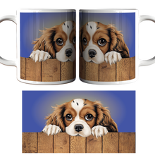 Load image into Gallery viewer, Two mugs with a dog peeking over a wooden fence design on a blue background.
