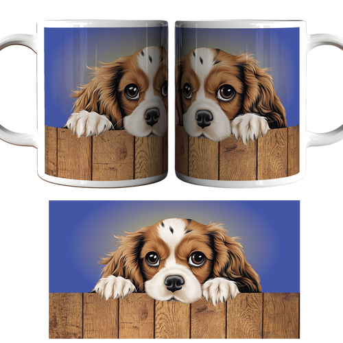 Two mugs with a dog peeking over a wooden fence design on a blue background.
