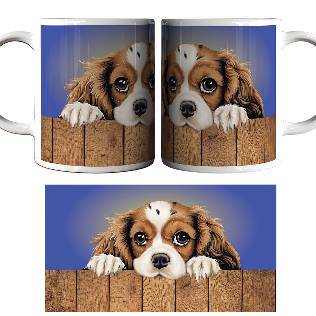 Two mugs with a dog peeking over a wooden fence design on a blue background.