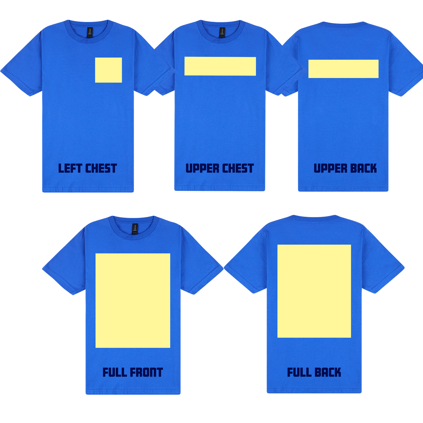 Blue t-shirt with yellow square placements on front, back, and sides for design reference.