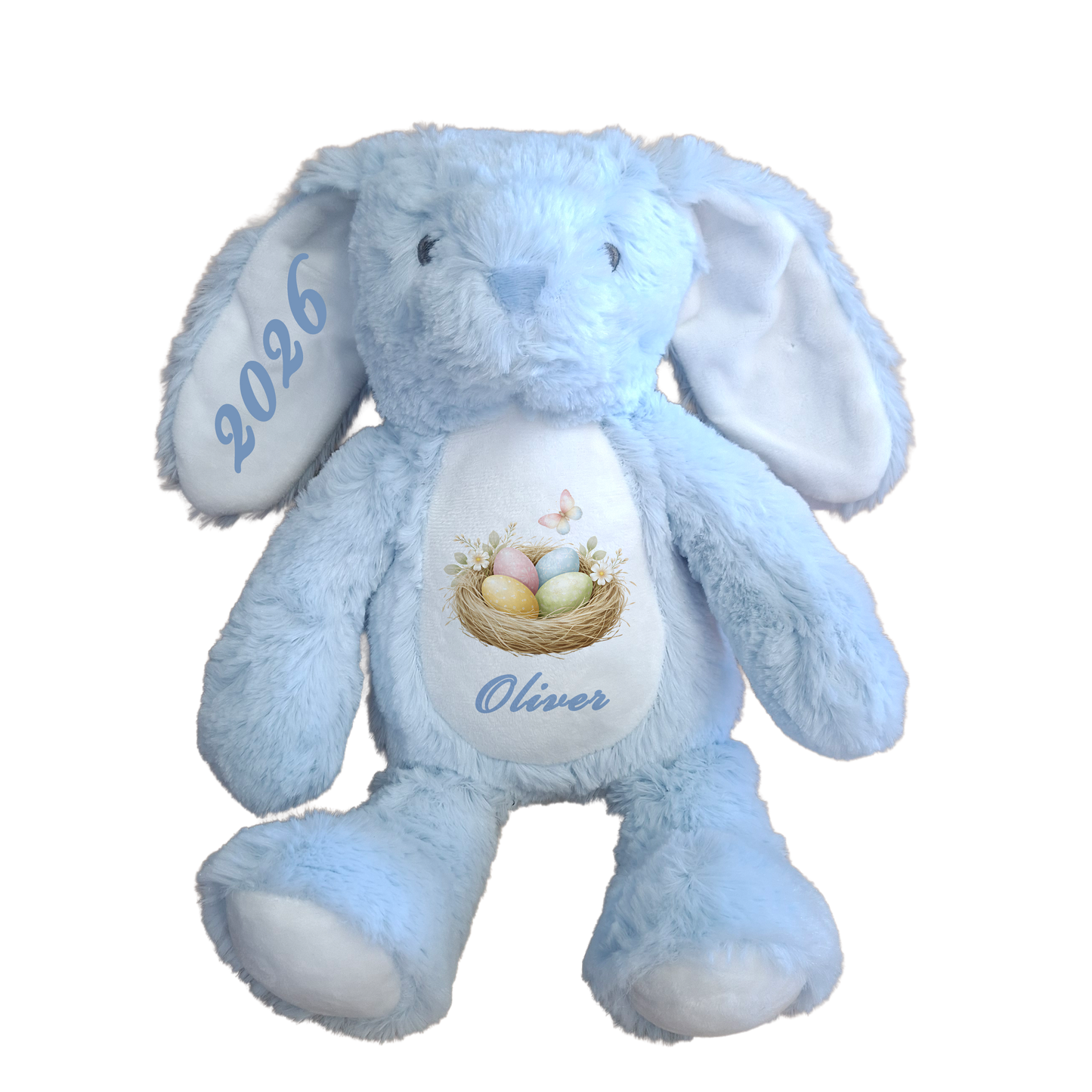 Blue plush bunny with '2026' and 'Oliver' on a white background