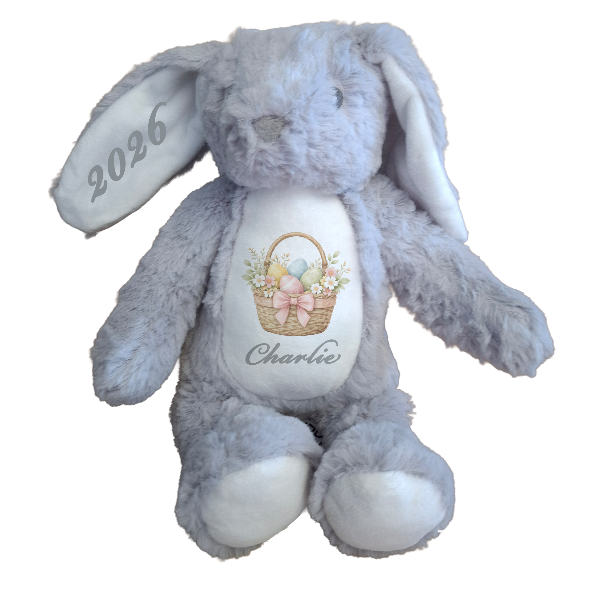 Gray plush bunny with '2026' on ear and embroidered design on belly against a white background