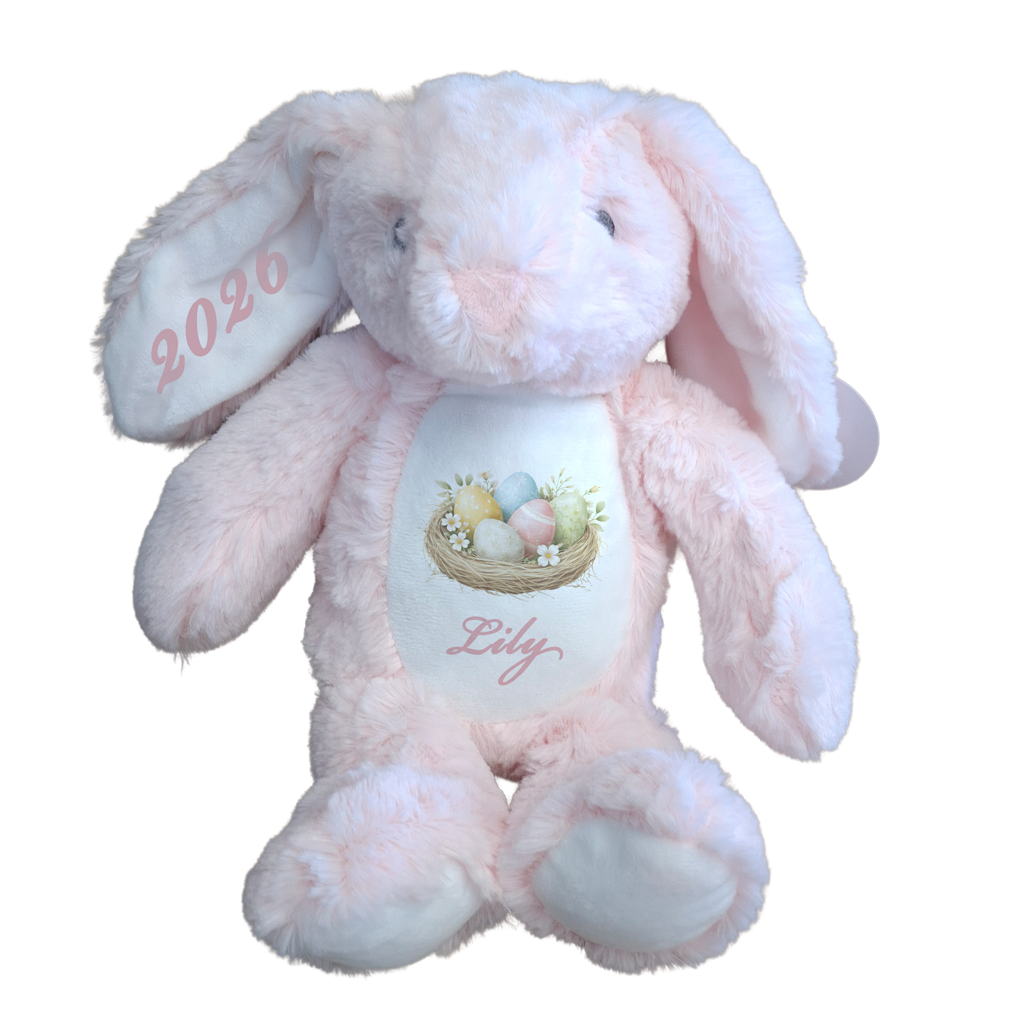 Pink plush bunny with '2026' and 'Lily' text on a white background