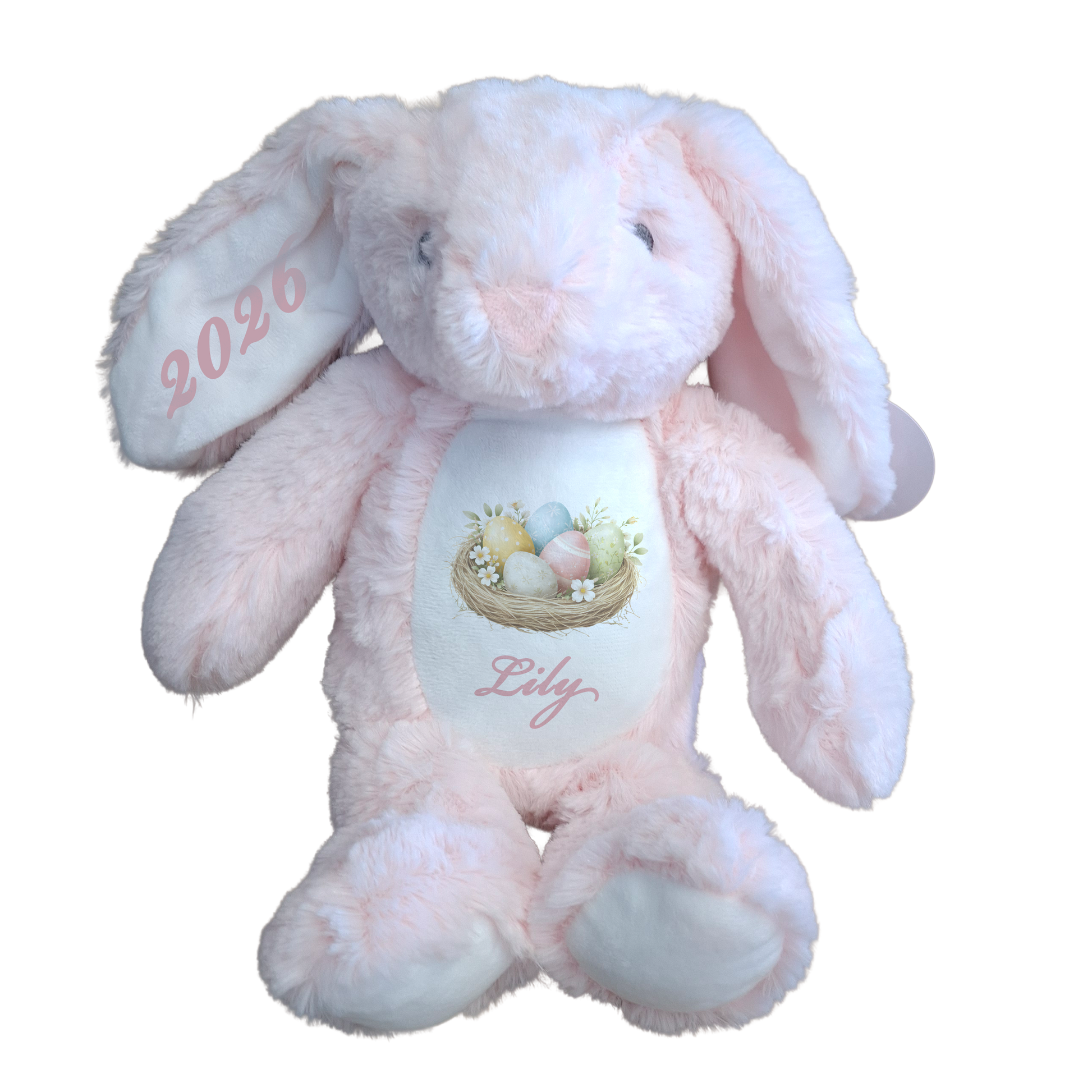 Pink plush bunny with '2026' and 'Lily' text on a white background