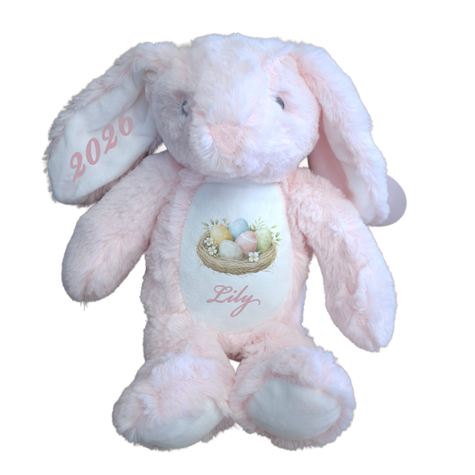 Pink plush bunny with '2026' and 'Lily' text on a white background