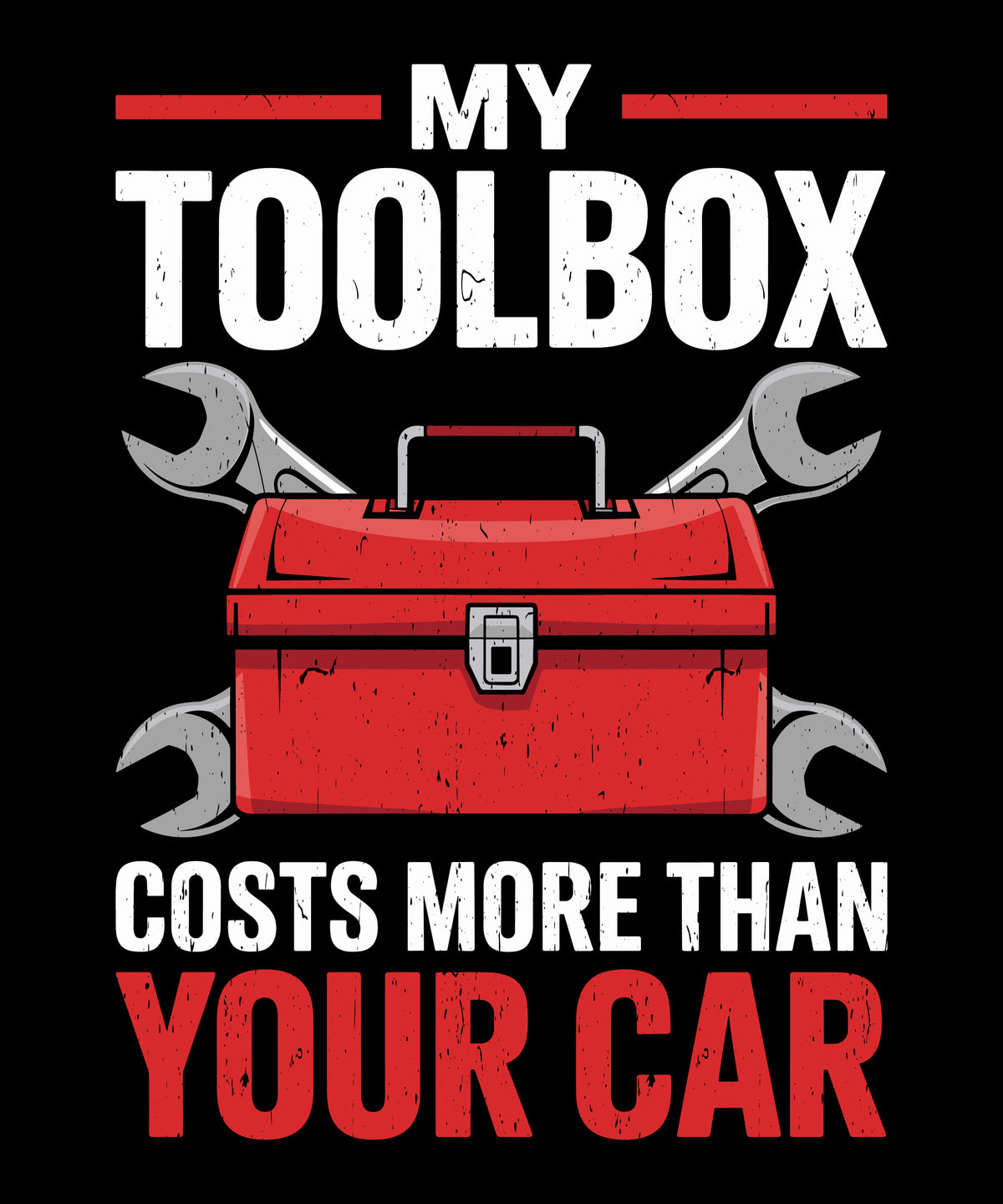 A black graphic with the text 'MY TOOLBOX COSTS MORE THAN YOUR CAR' in white and red, surrounding a red toolbox and crossed wrenches.