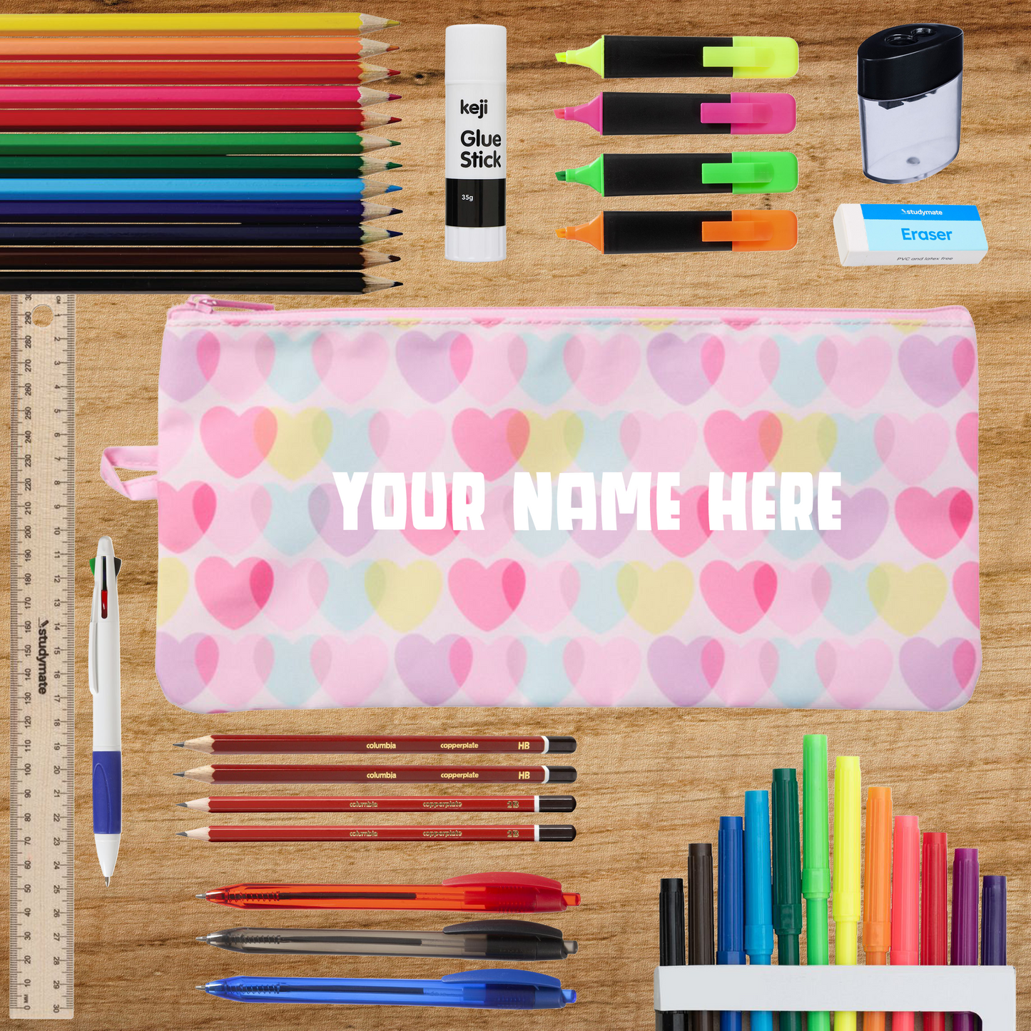 Personalised Back to School Pencil Case & Stationery Pack - Hearts Design