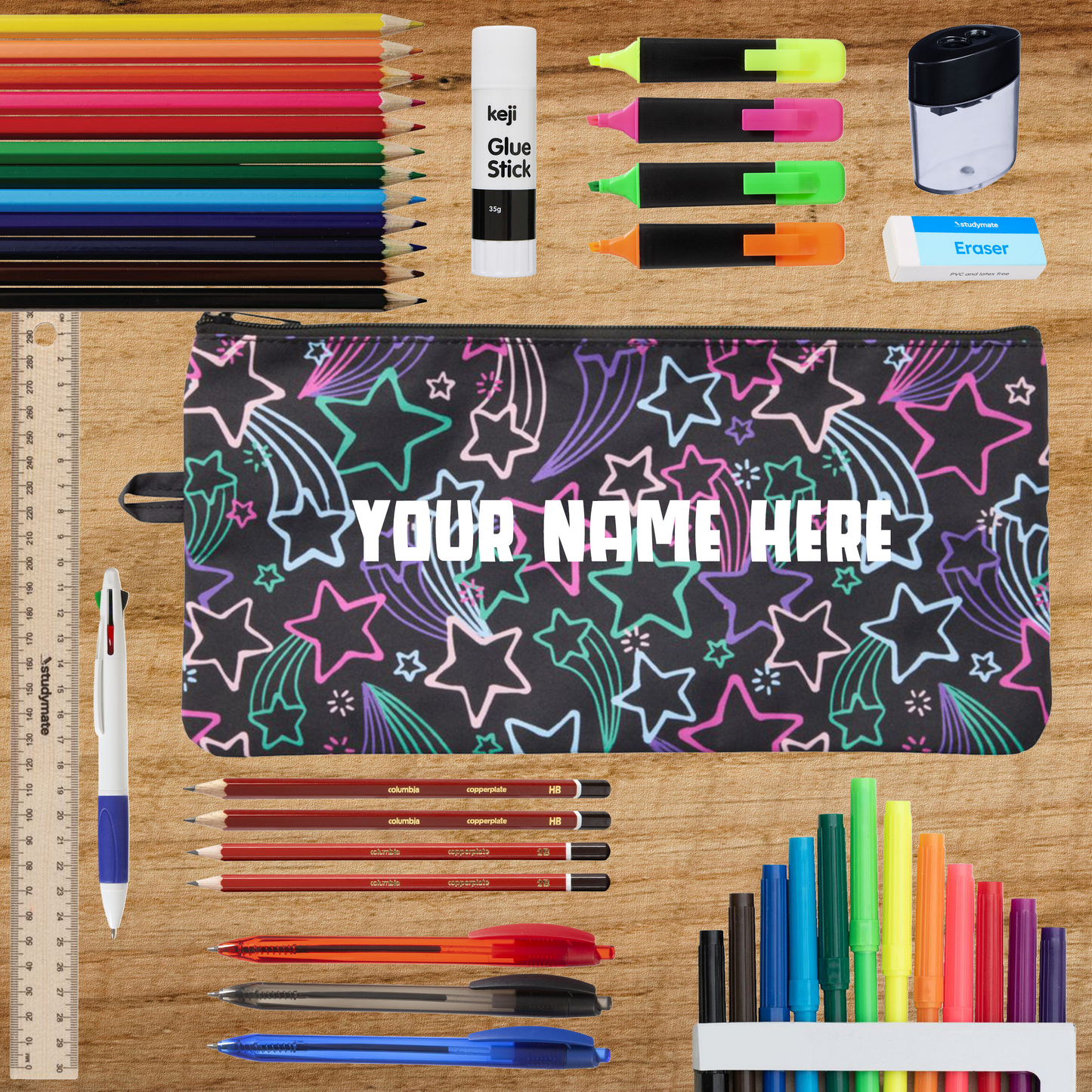 Personalised Back to School Pencil Case & Stationery Pack - Stars Design