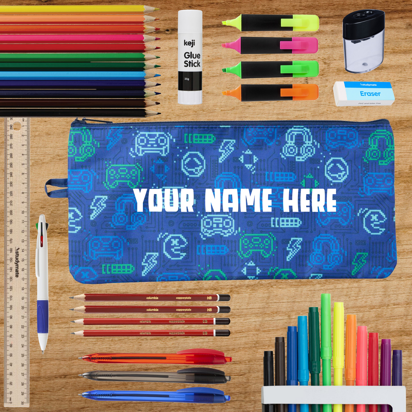 Personalised Back to School Pencil Case & Stationery Pack - Gaming Design
