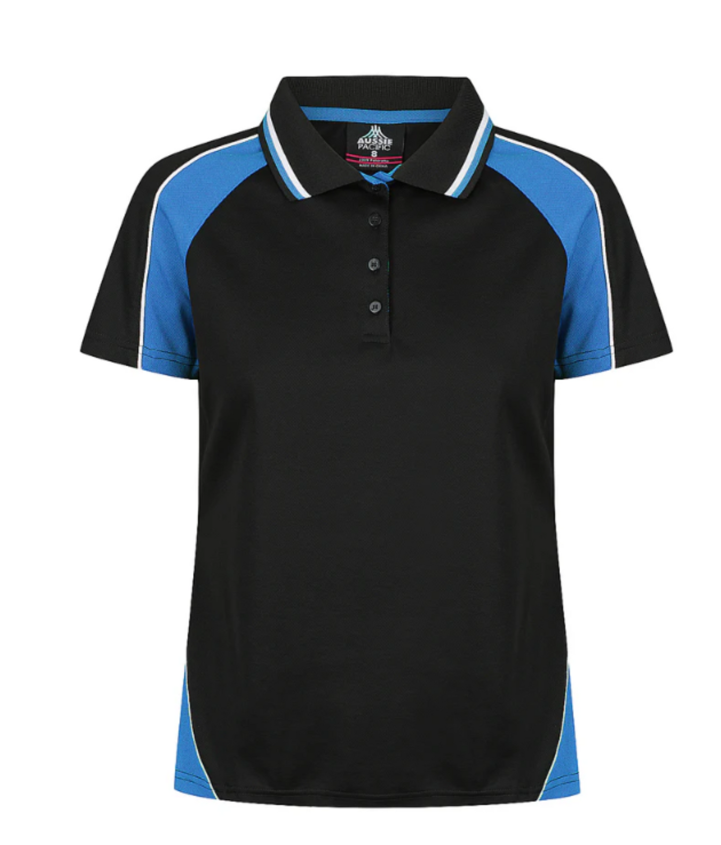 Black and blue polo shirt with a brand logo on a white background