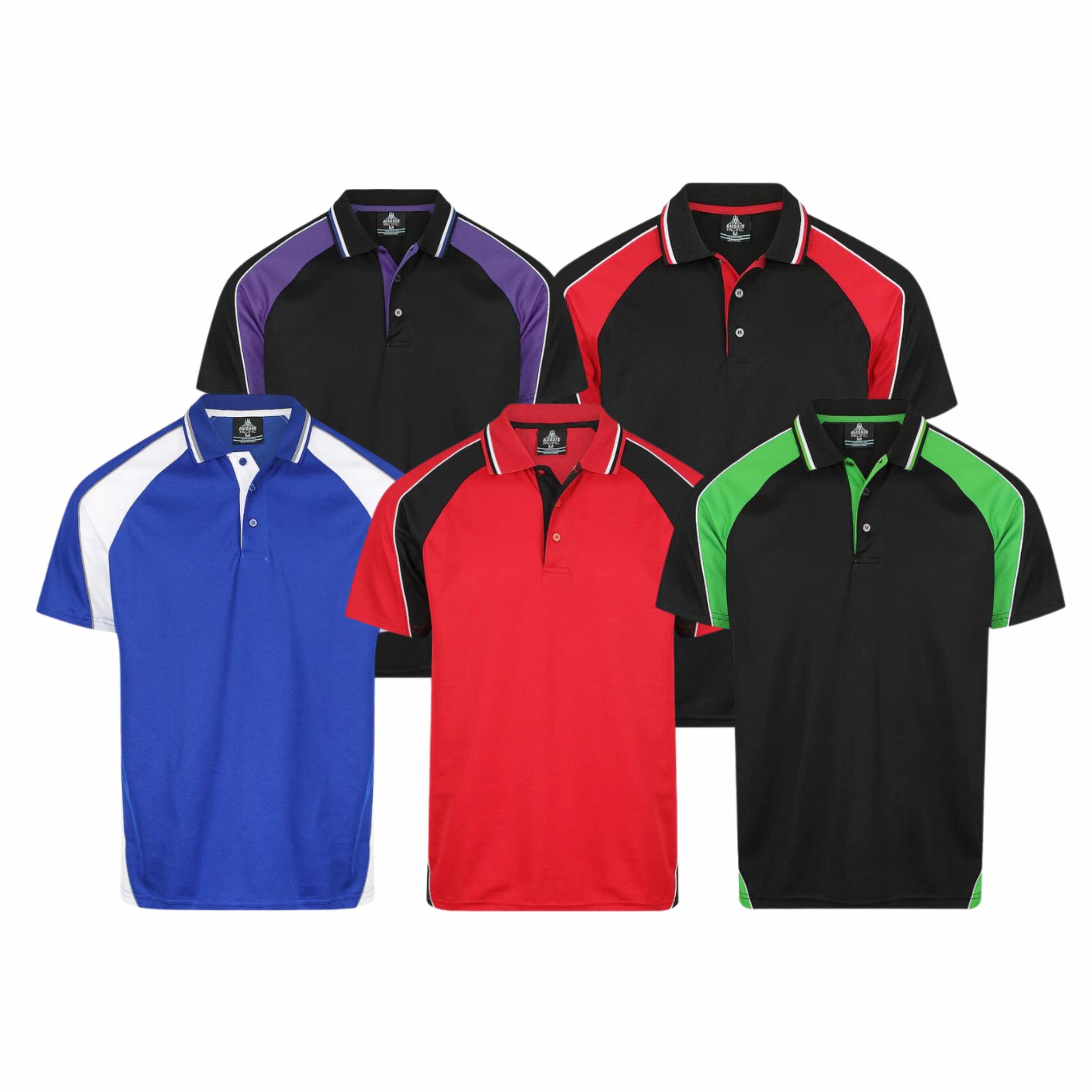 Four polo shirts in blue, red, black, and green on a white background