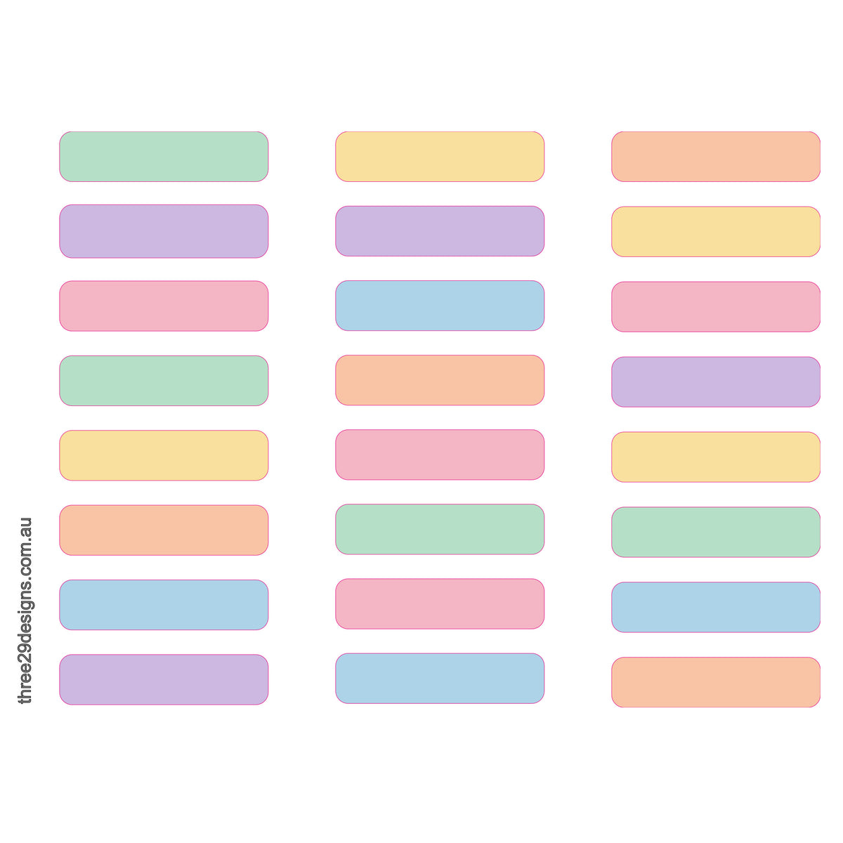 A sheet of pastel-colored rectangular labels with rounded corners, arranged in three columns on a white background. The labels come in soft shades of mint green, pale yellow, peach, lavender, pink, and light blue.