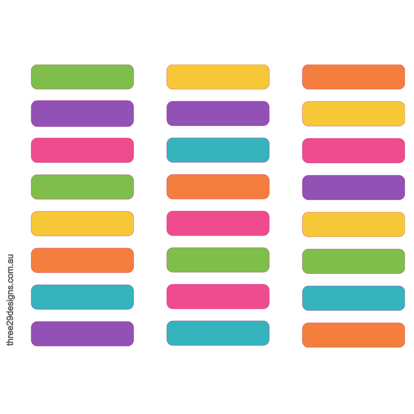 A sheet of colorful rectangular labels with rounded corners, arranged in a grid. The labels come in multiple colors including green, yellow, orange, purple, pink, and blue, on a white background.