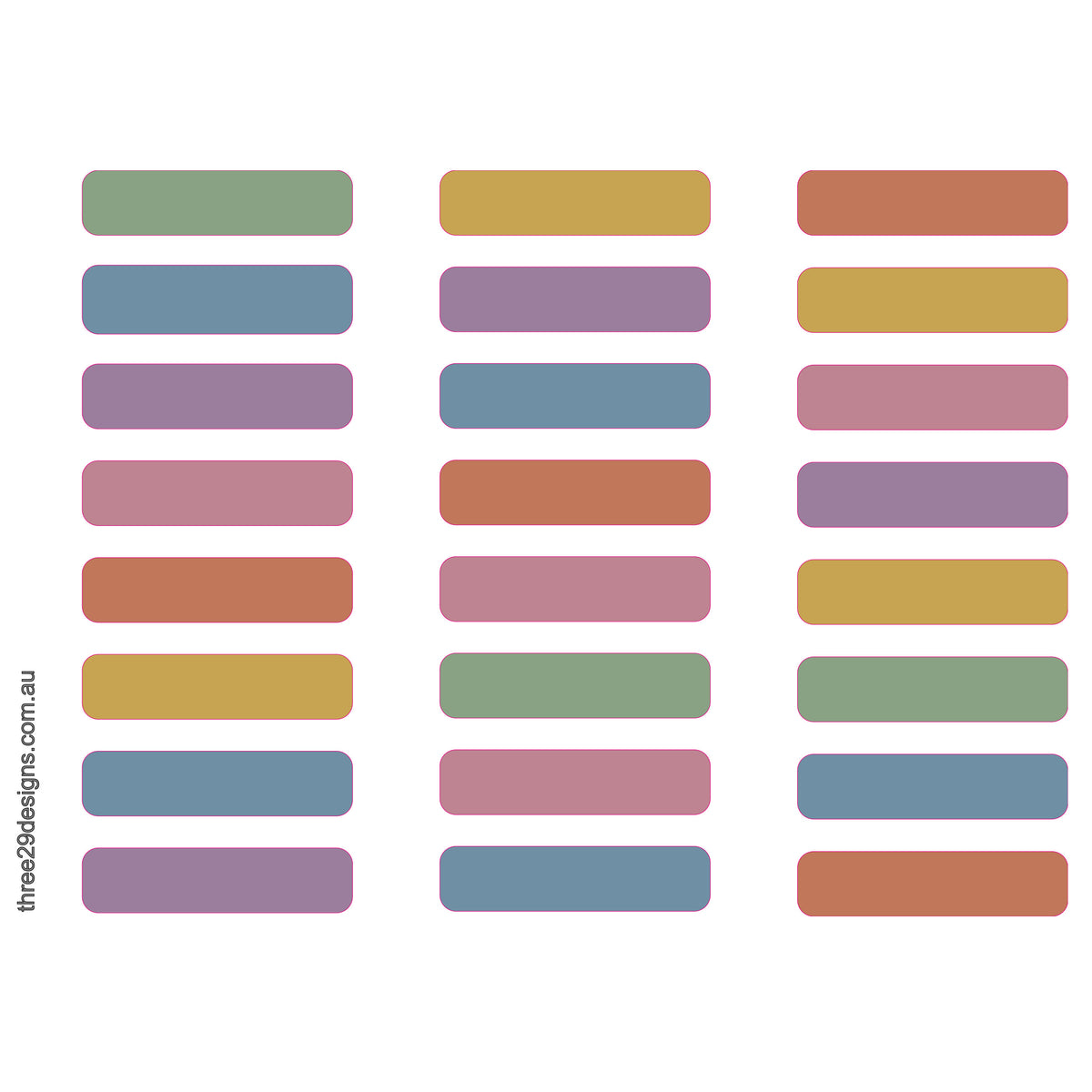 A grid of 30 rounded rectangular color swatches in muted pastel and earthy tones, arranged in six columns of five on a white background. A vertical watermark reads 'three29designs.