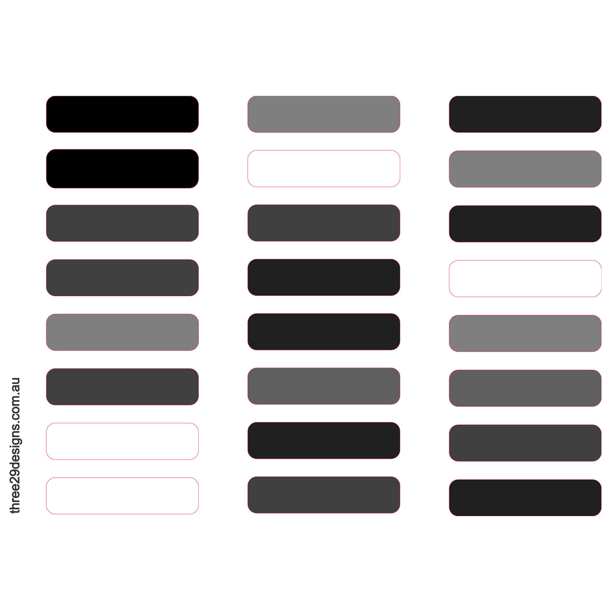 A grid of flat rounded rectangular color swatches in black, gray, and white tones, arranged in three columns on a white background. Small pink outline borders appear around some swatches, and the text 'three29designs.