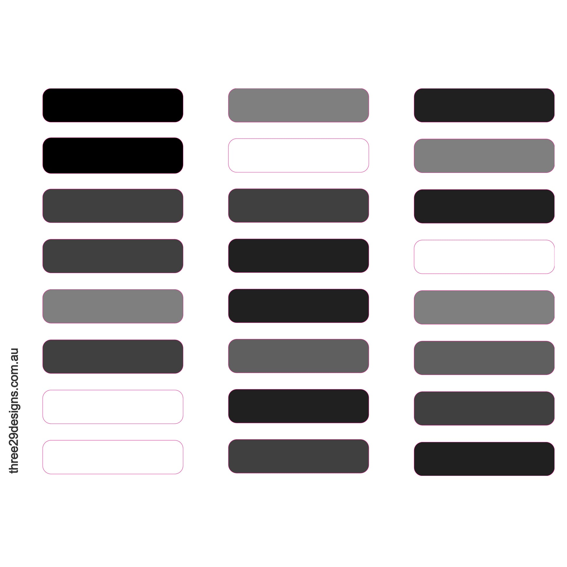 A grid of flat rounded rectangular color swatches in black, gray, and white tones, arranged in three columns on a white background. Small pink outline borders appear around some swatches, and the text 'three29designs.