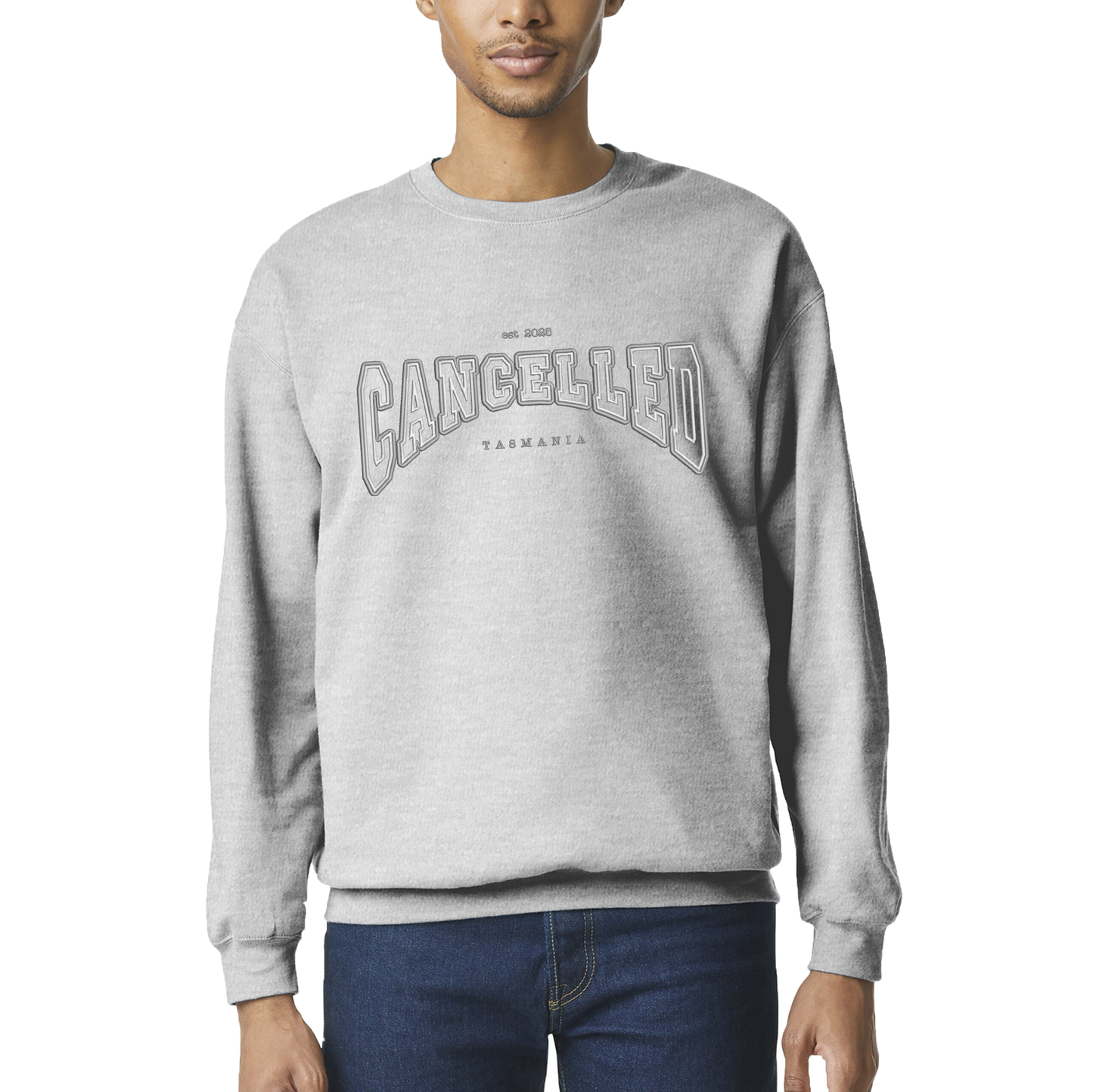 "Cancelled" Sports Grey Jumper – Passive-Aggressive Cosy Energy