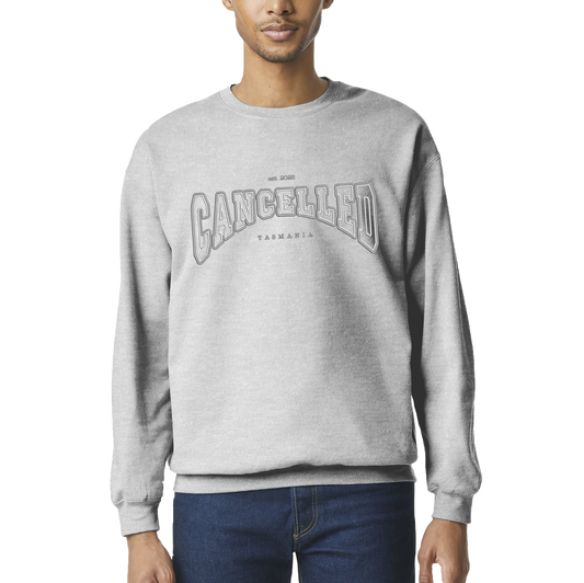 "Cancelled" Sports Grey Jumper – Passive-Aggressive Cosy Energy