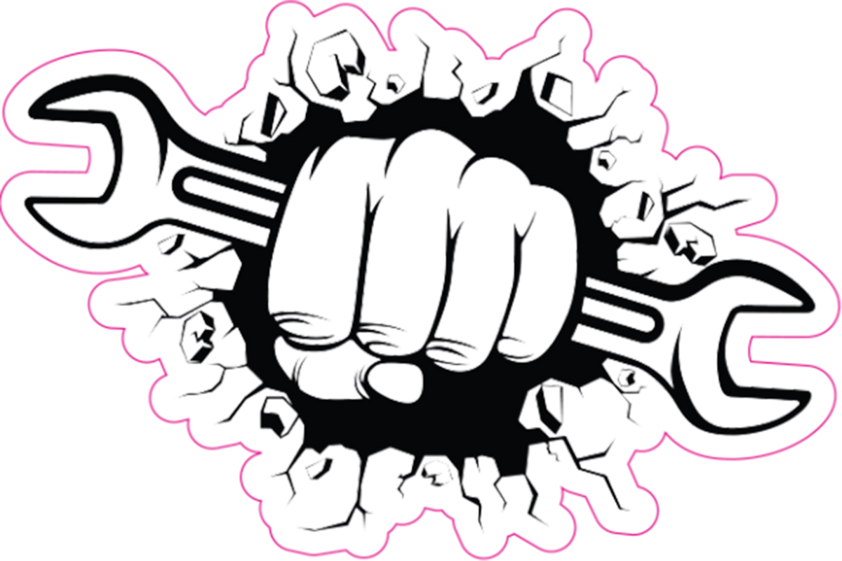 A black and white graphic illustration of a clenched fist bursting through cracked concrete, with two wrenches extending from both sides, outlined in pink.