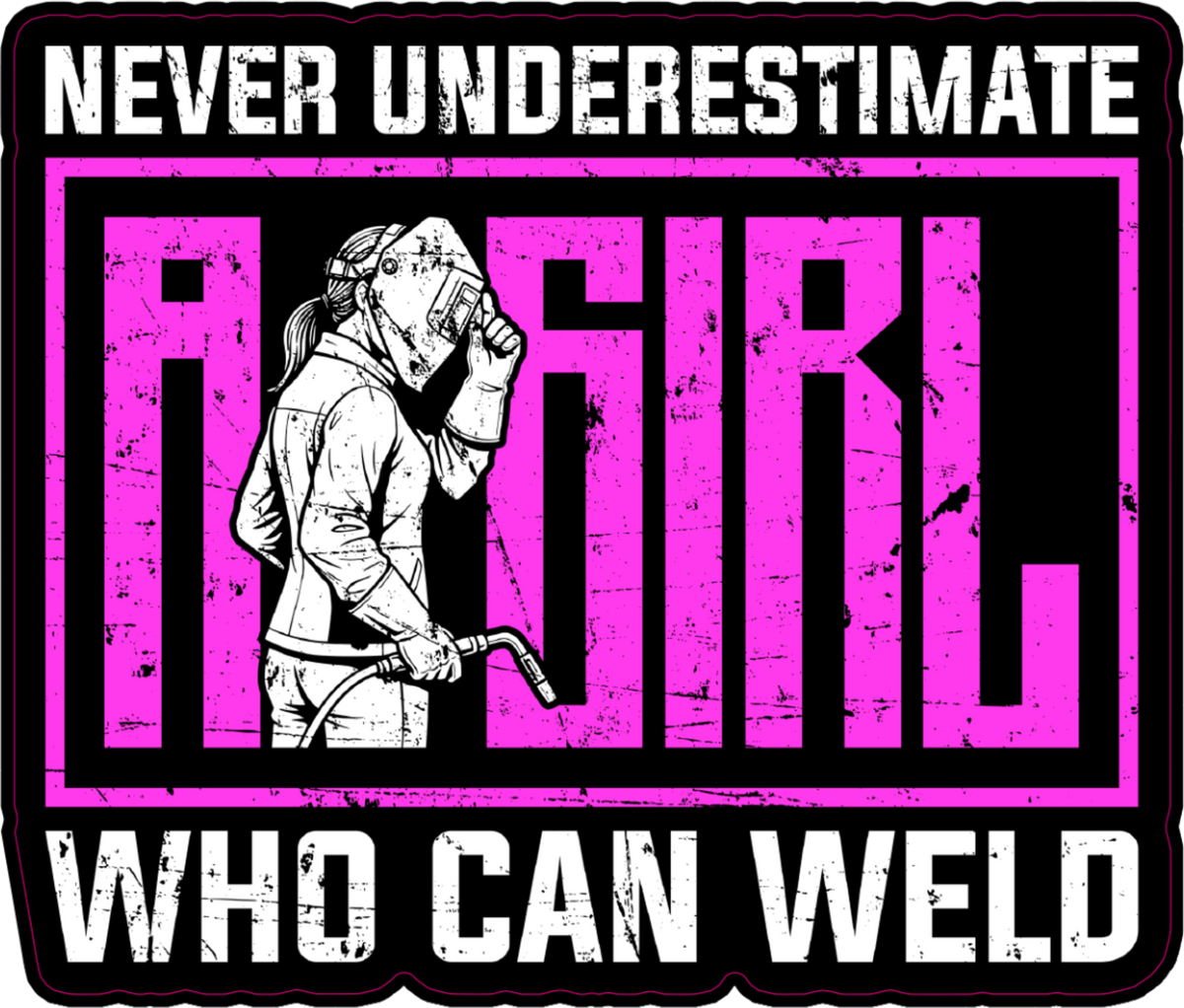 A square graphic design with the text 'NEVER UNDERESTIMATE A GIRL WHO CAN WELD' in white and bright pink distressed lettering, with an illustration of a welder wearing a face mask and holding a welding rod.