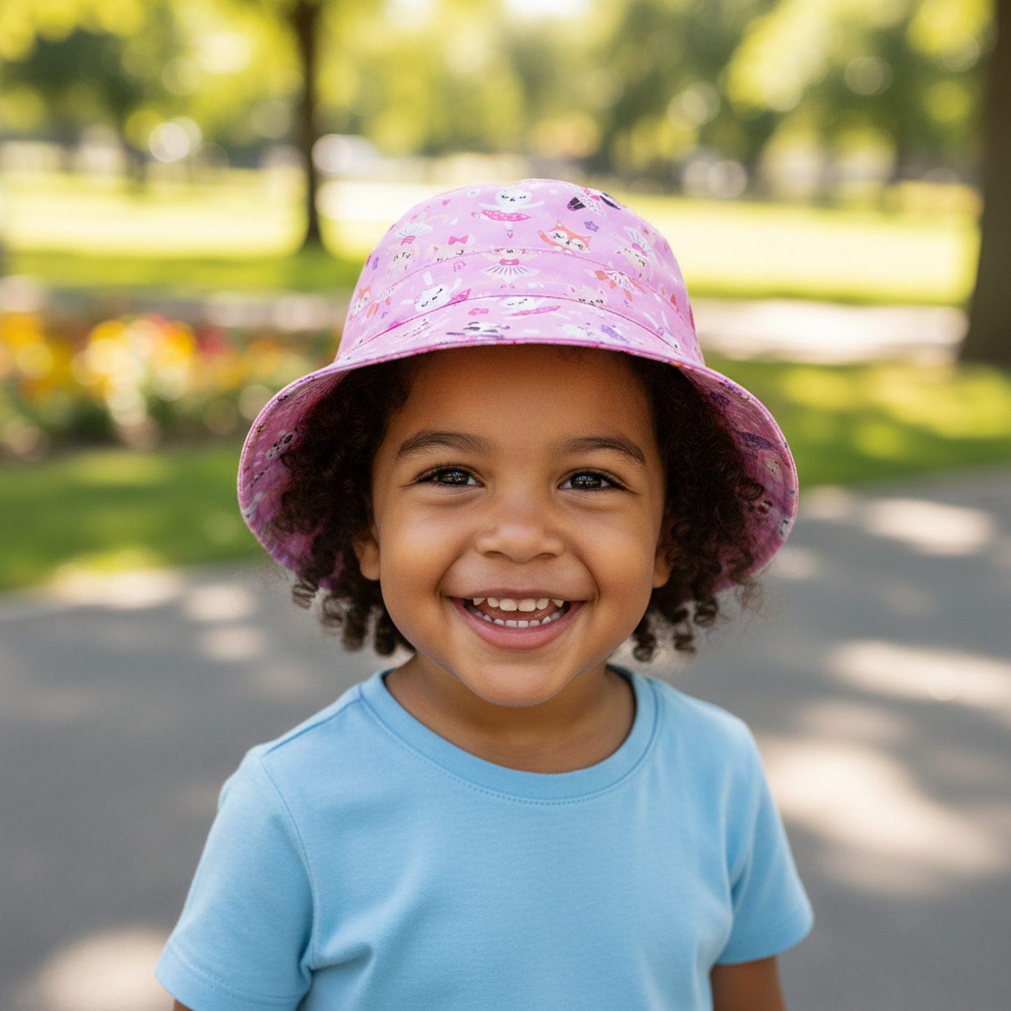 Child wearing a pink floral hat and blue shirt in a park setting
