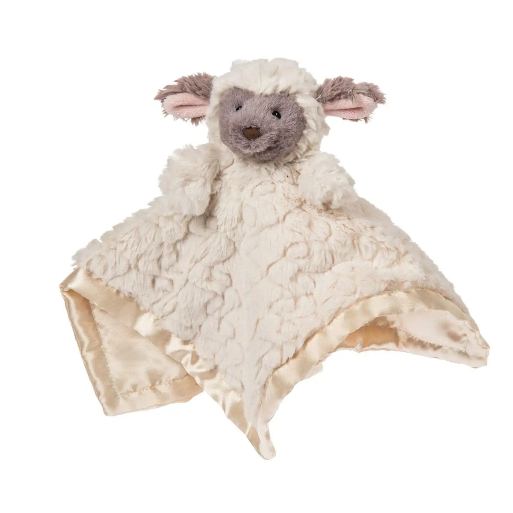 Plush lamb toy with a blanket on a white background