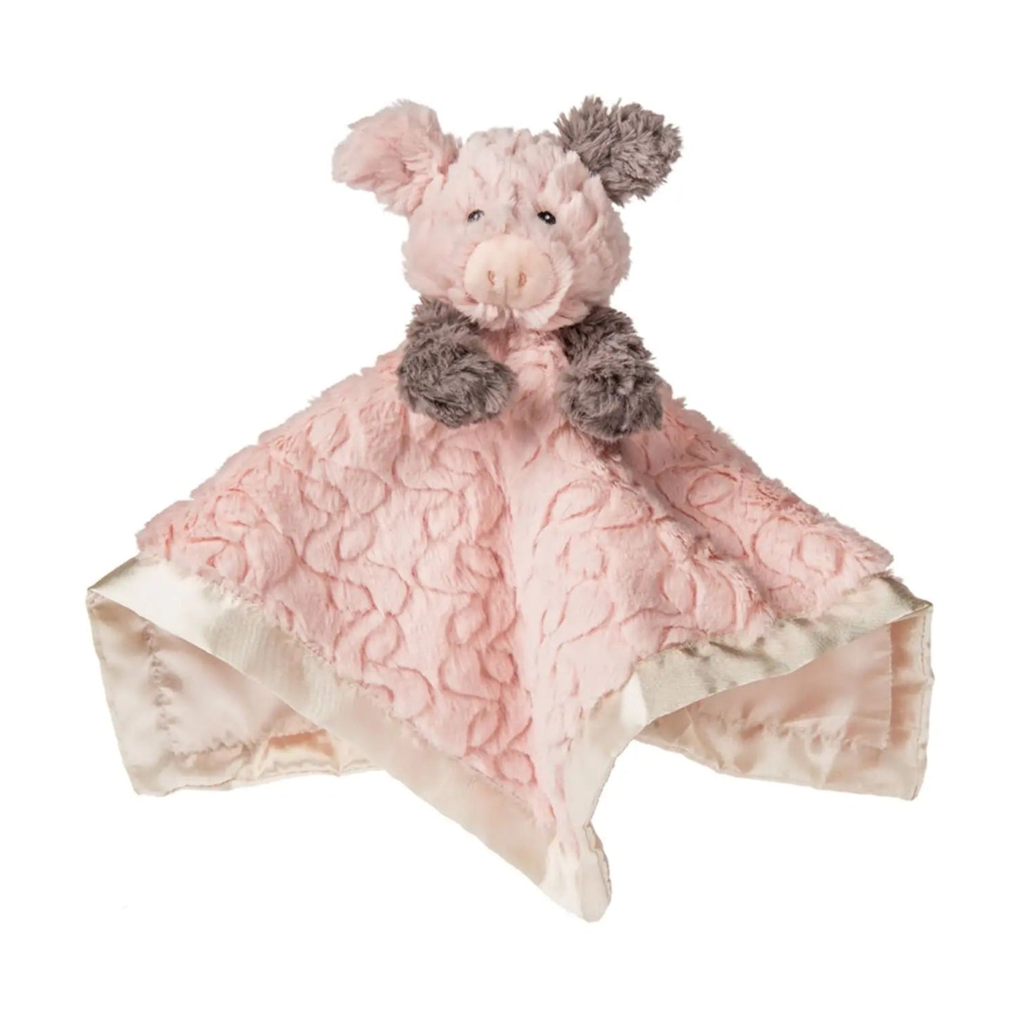 Pink plush toy with blanket on a white background