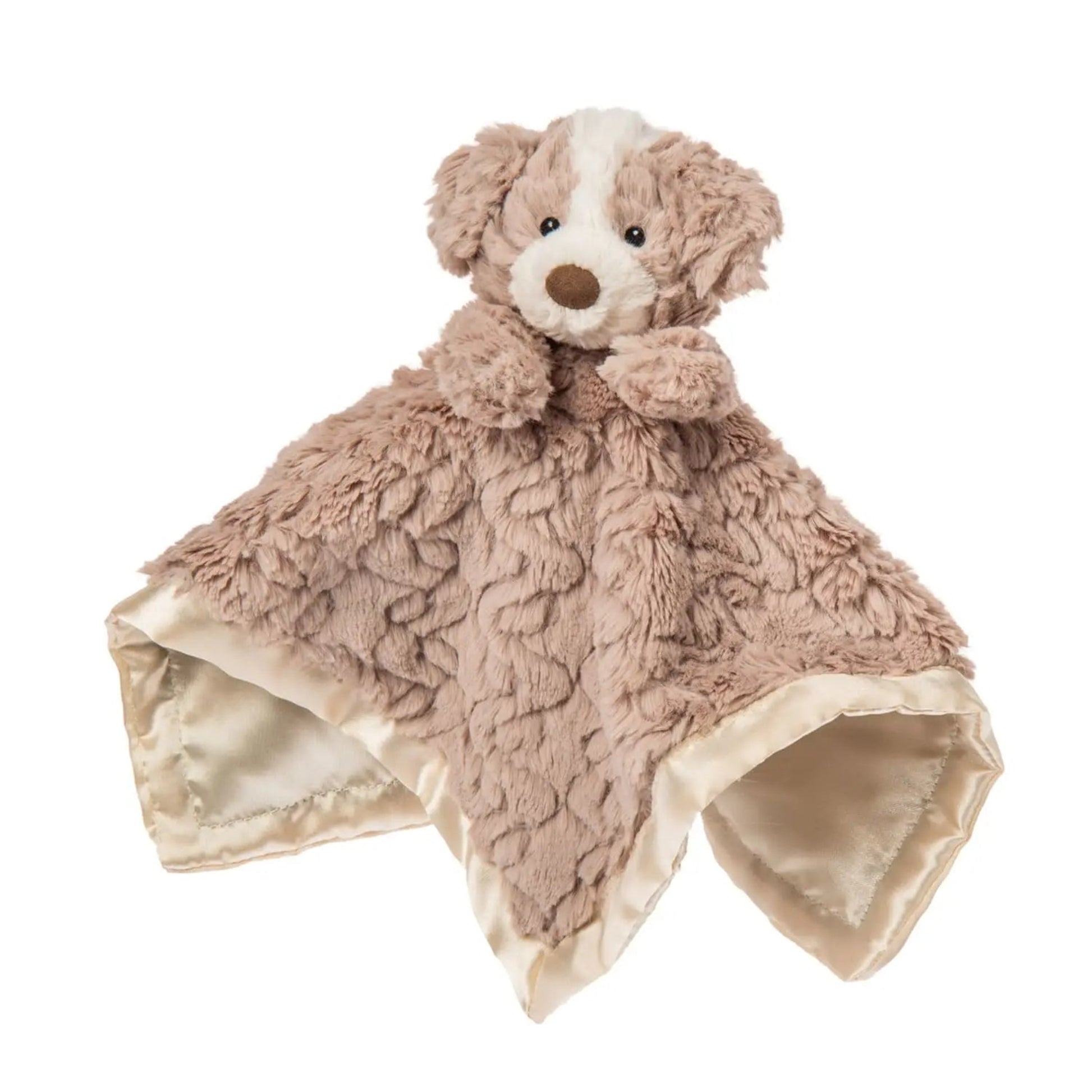 Plush dog-shaped comfort blanket with a satin back on a white background