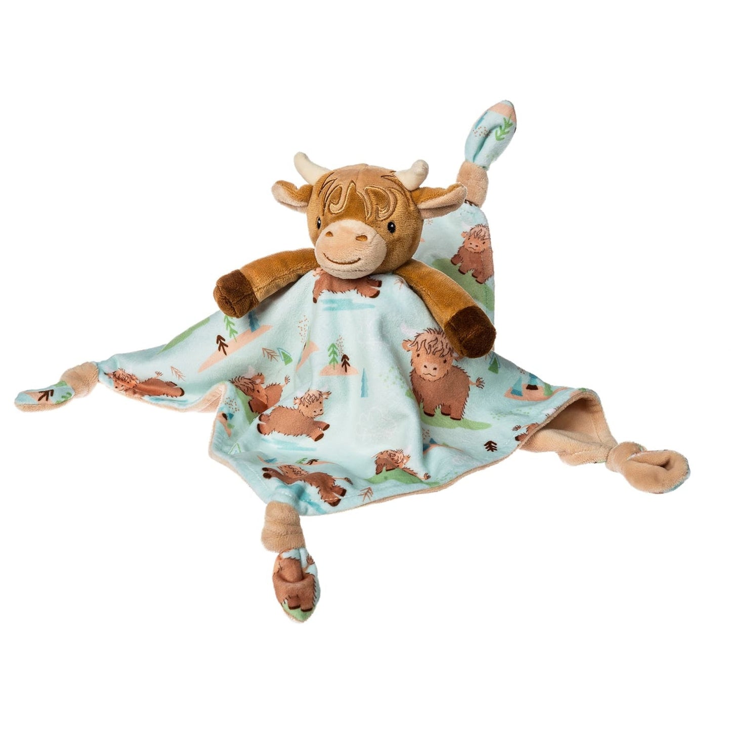 Plush toy with a blanket featuring cow patterns on a white background