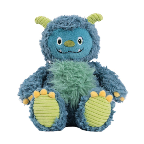 Blue and green plush toy with a happy expression on a white background
