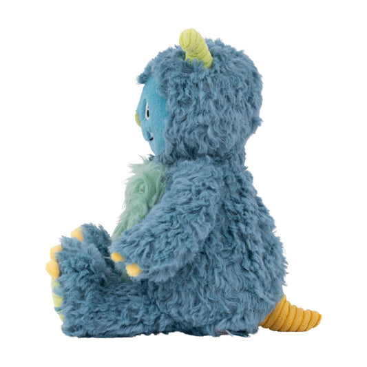 Blue plush toy with yellow accents on a white background