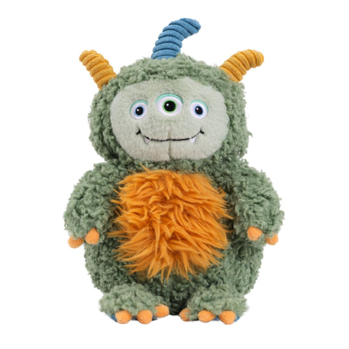Plush toy with green body, orange hair, and blue and yellow horns on a white background