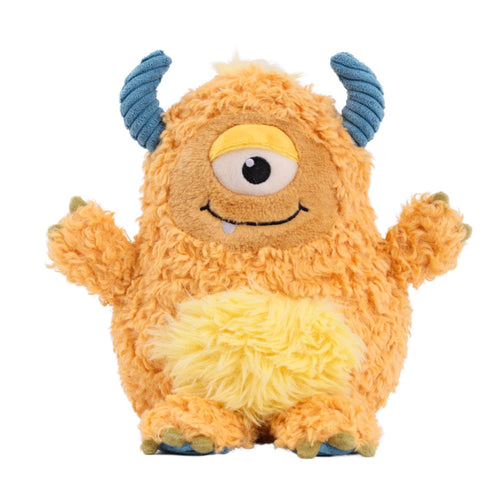 Plush toy monster with one eye and blue horns on a white background