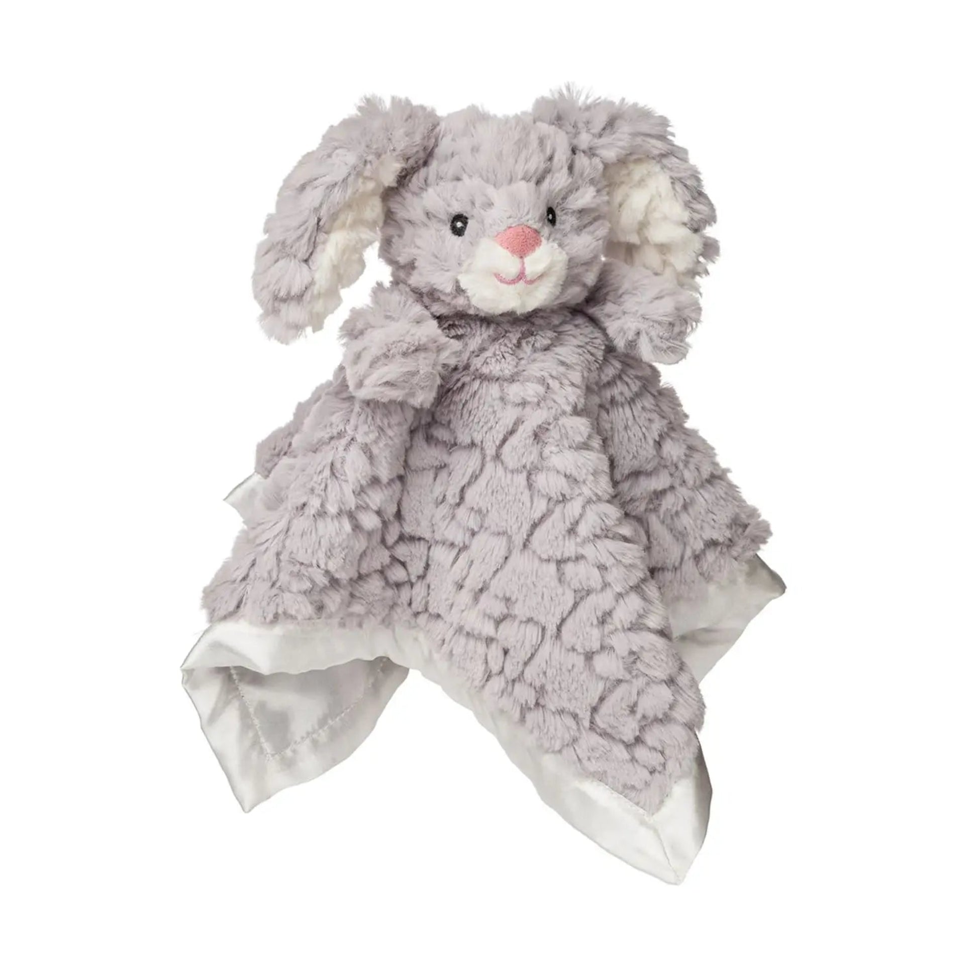 Gray plush toy with a blanket on a white background