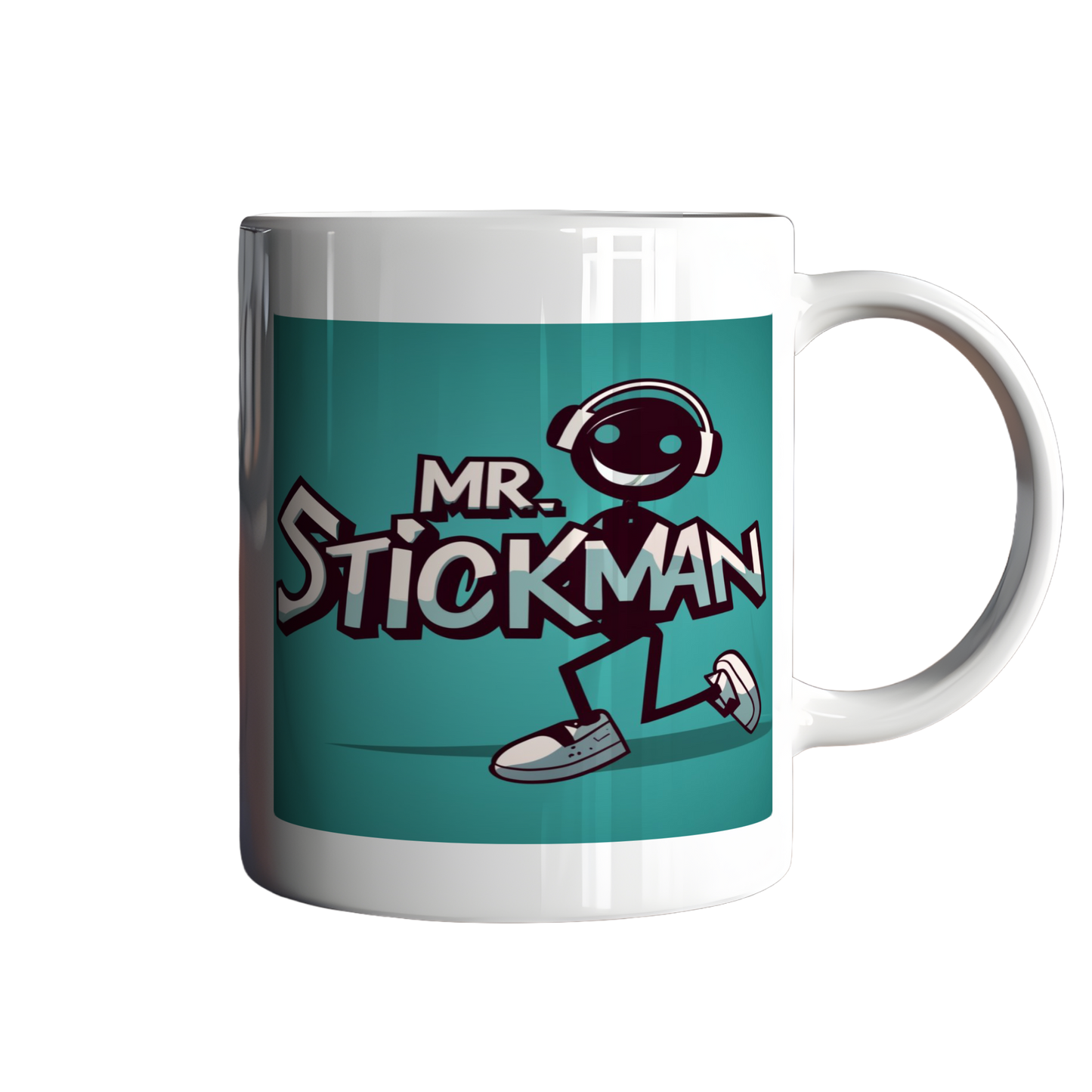 Mug with 'Mr. Stickman' design on a teal background