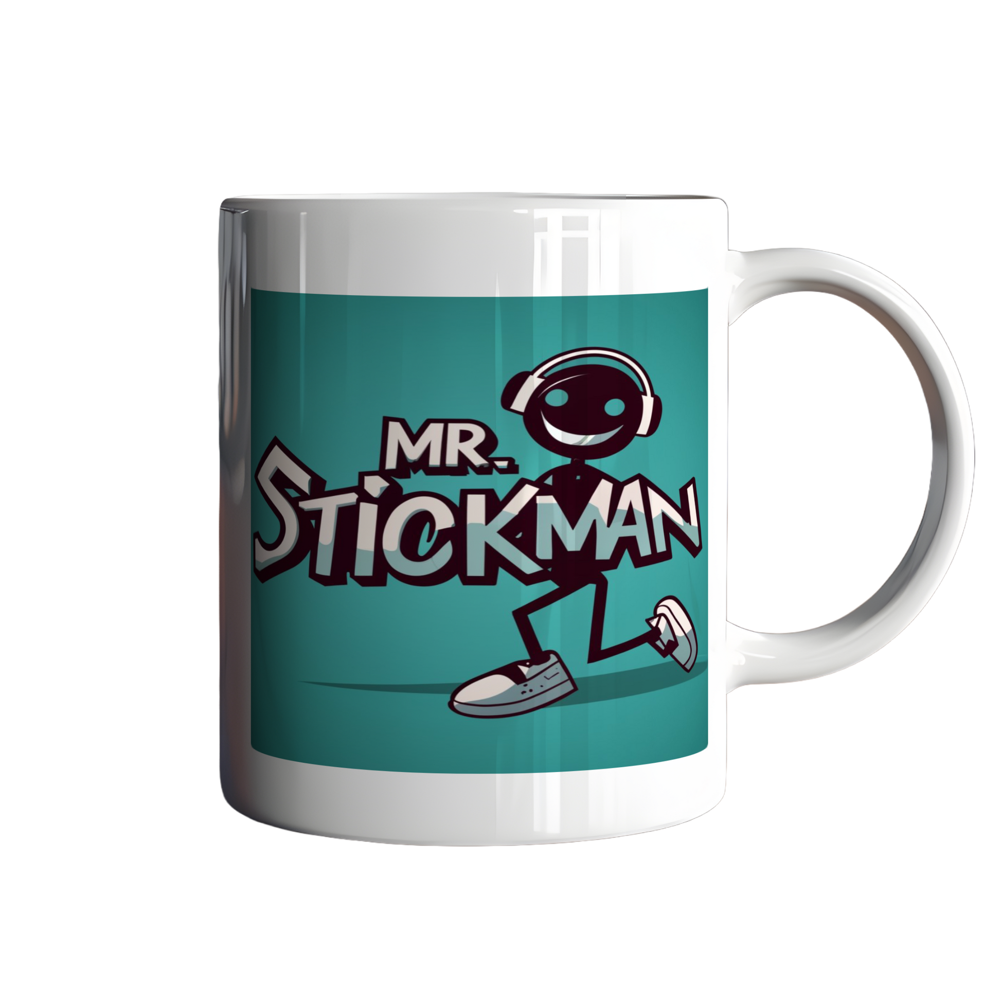 Mug with 'Mr. Stickman' design on a teal background