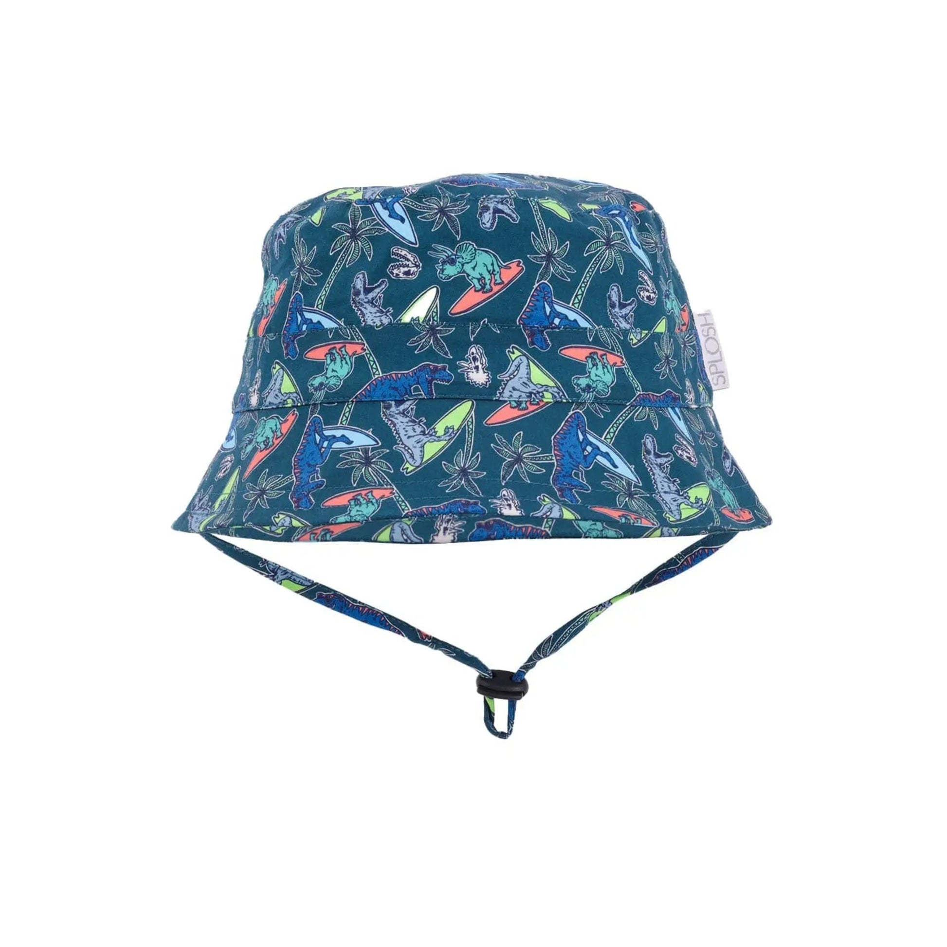 Bucket hat with colorful dinosaur pattern on a white background