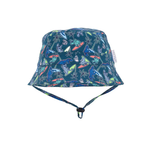 Bucket hat with colorful dinosaur pattern on a white background