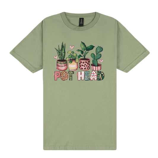 A green T-shirt with a graphic print of potted plants and the word 'POTHEAD' on it.