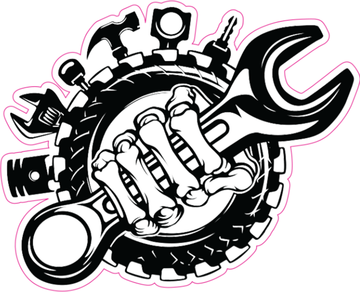 A black and white graphic design of a skeletal hand gripping a large wrench over a tire, surrounded by various automotive tools, outlined in pink.