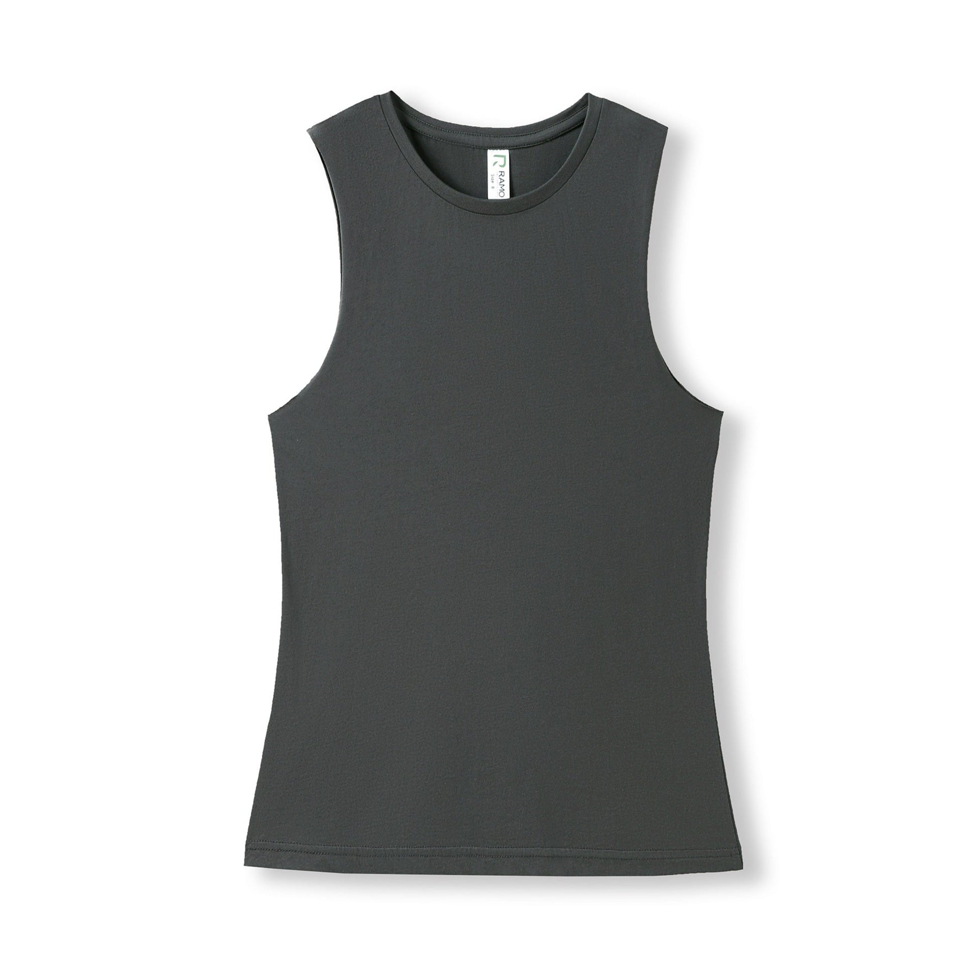Charcoal grey sleeveless shirt on a white background