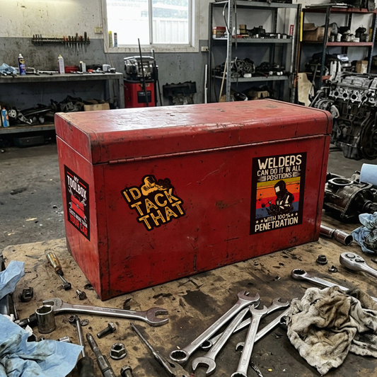 A large red metal toolbox with 'ID TACK THAT' and 'WELDERS CAN BUILD A BOOSTER 95' stickers, sitting on a workbench in a cluttered auto repair shop.