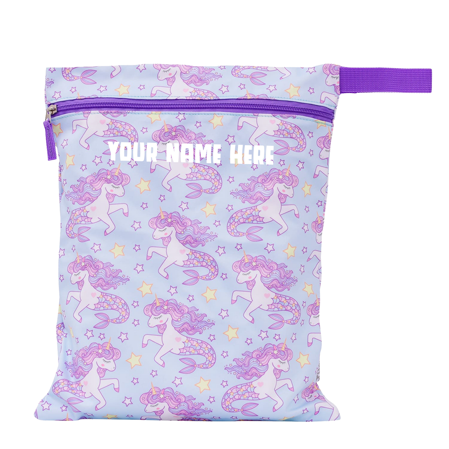 Reusable shopping bag with unicorn pattern and customizable text area on a light blue background